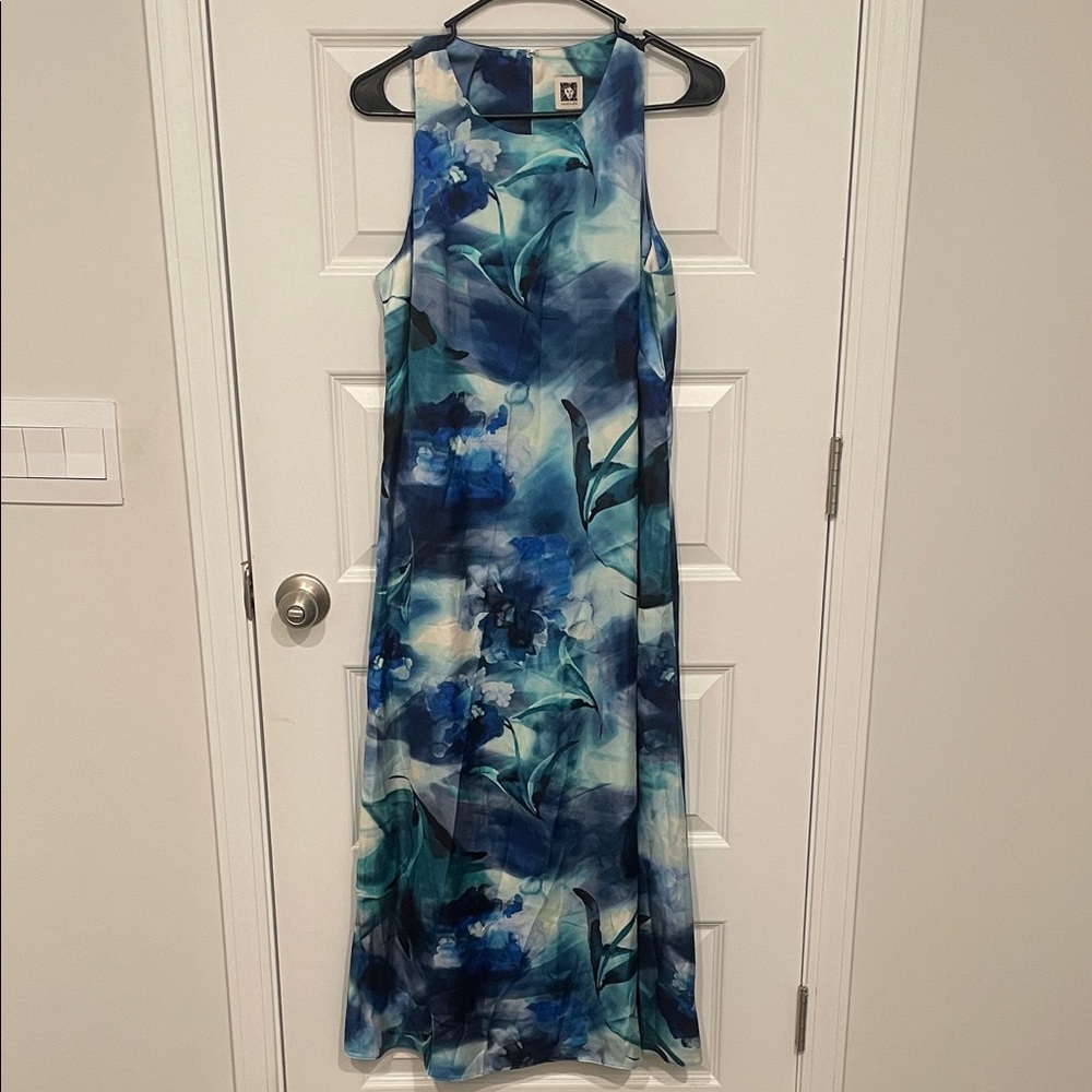 Anne Klein Blue and Green Floral Satin Maxi Dress